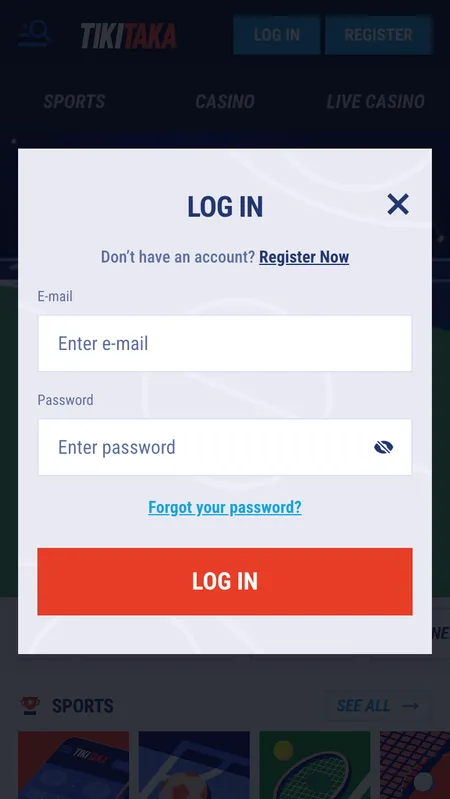 TikiTaka login screen interface